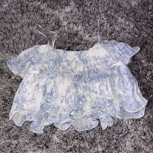 Blue and White Ruffled Floral Women's Top